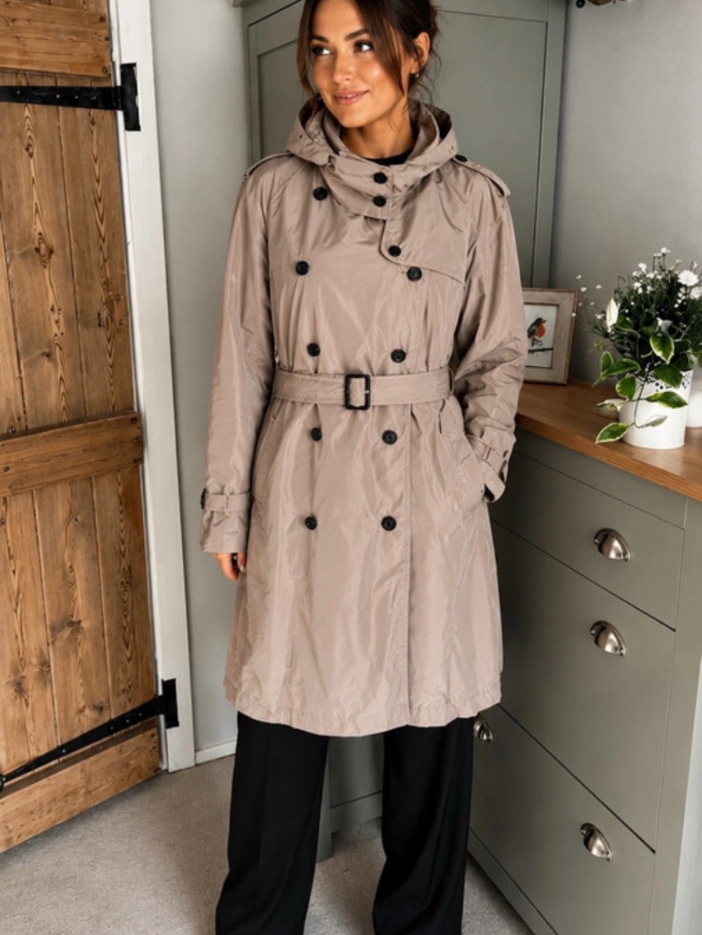Burberry Taupe Double-Breasted Hooded Trench Coat